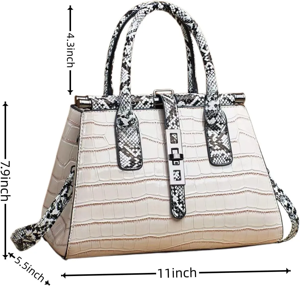 Women Patent Faux Leather Satchel Handbag Crocodile Tote Purse Snakeskin Handle Shoulder Bag,Gift for Wife/Mom,Black