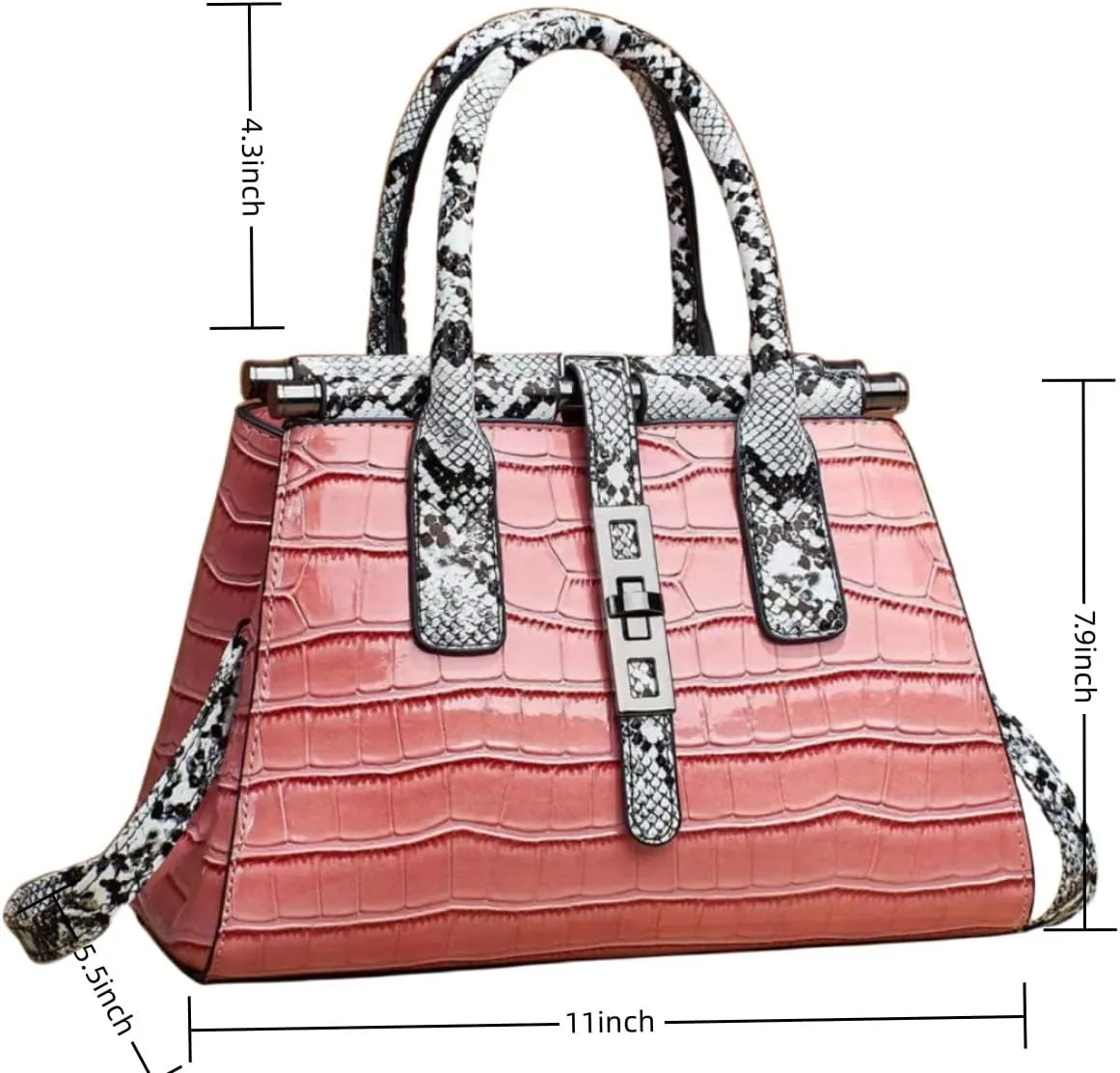 Women Patent Faux Leather Satchel Handbag Crocodile Tote Purse Snakeskin Handle Shoulder Bag,Gift for Wife/Mom,Black