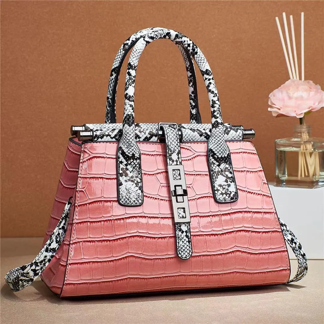 Women Patent Faux Leather Satchel Handbag Crocodile Tote Purse Snakeskin Handle Shoulder Bag,Gift for Wife/Mom,Black