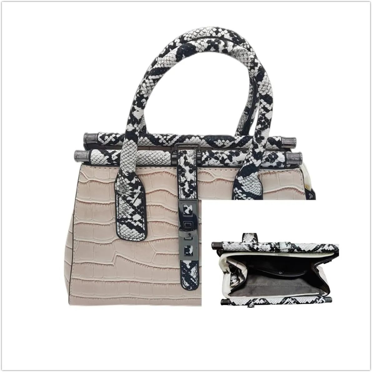 Women Patent Faux Leather Satchel Handbag Crocodile Tote Purse Snakeskin Handle Shoulder Bag,Gift for Wife/Mom,Black