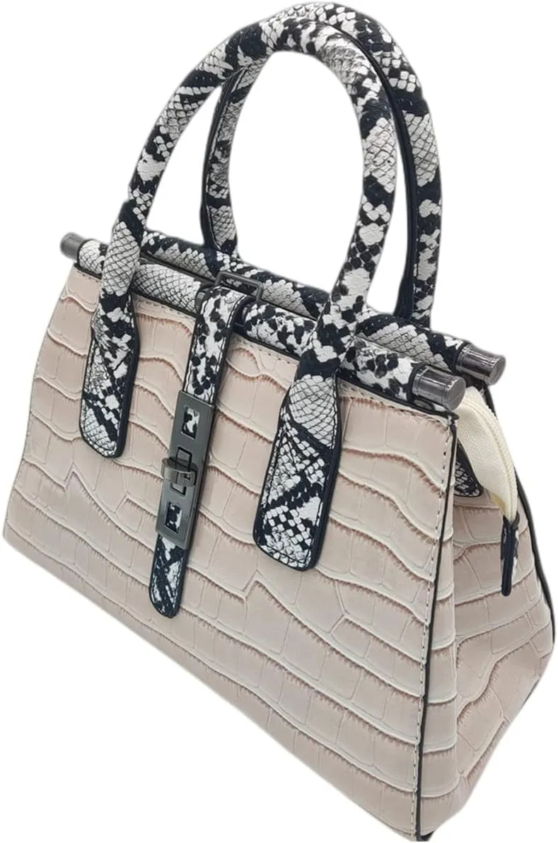 Women Patent Faux Leather Satchel Handbag Crocodile Tote Purse Snakeskin Handle Shoulder Bag,Gift for Wife/Mom,Black