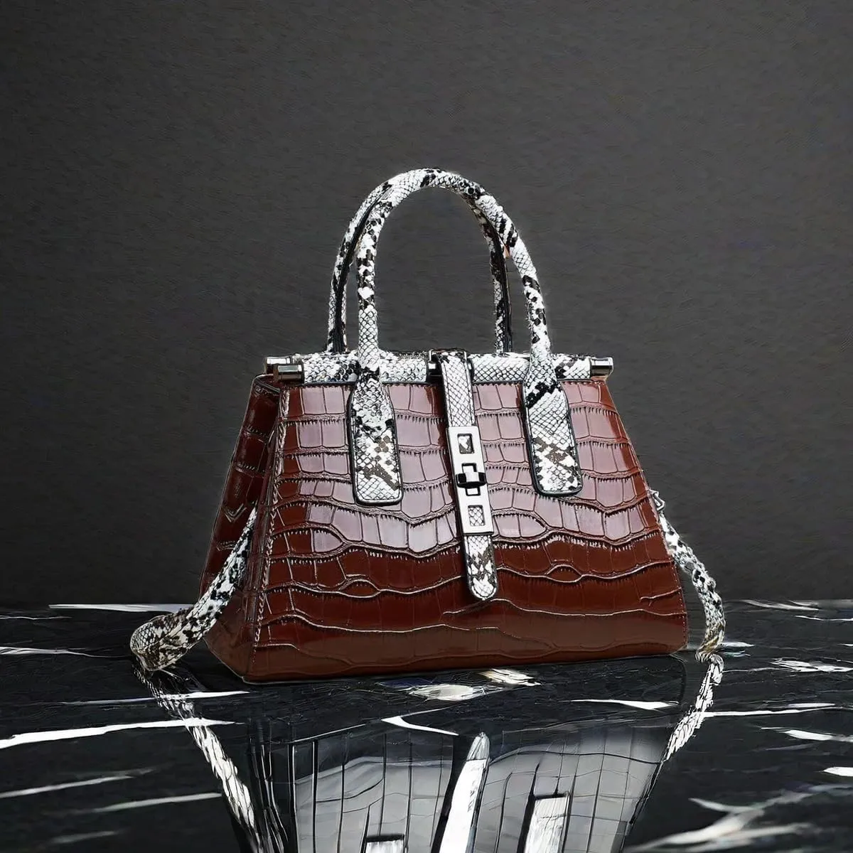 Women Patent Faux Leather Satchel Handbag Crocodile Tote Purse Snakeskin Handle Shoulder Bag,Gift for Wife/Mom,Black