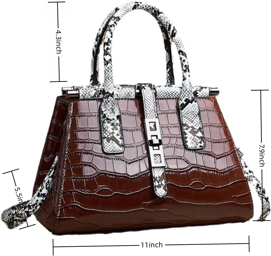 Women Patent Faux Leather Satchel Handbag Crocodile Tote Purse Snakeskin Handle Shoulder Bag,Gift for Wife/Mom,Black