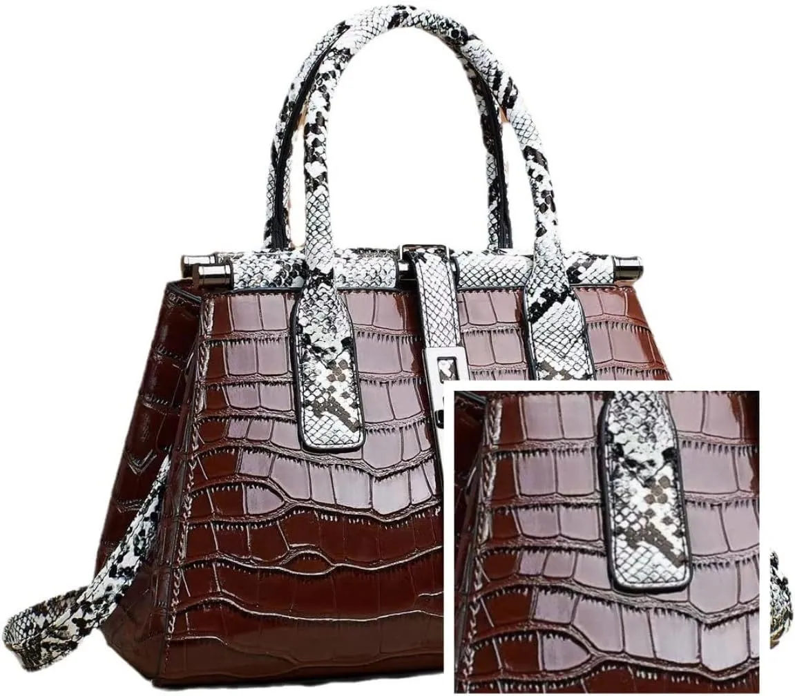 Women Patent Faux Leather Satchel Handbag Crocodile Tote Purse Snakeskin Handle Shoulder Bag,Gift for Wife/Mom,Black