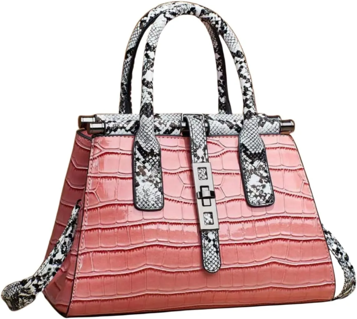 Women Patent Faux Leather Satchel Handbag Crocodile Tote Purse Snakeskin Handle Shoulder Bag,Gift for Wife/Mom,Black