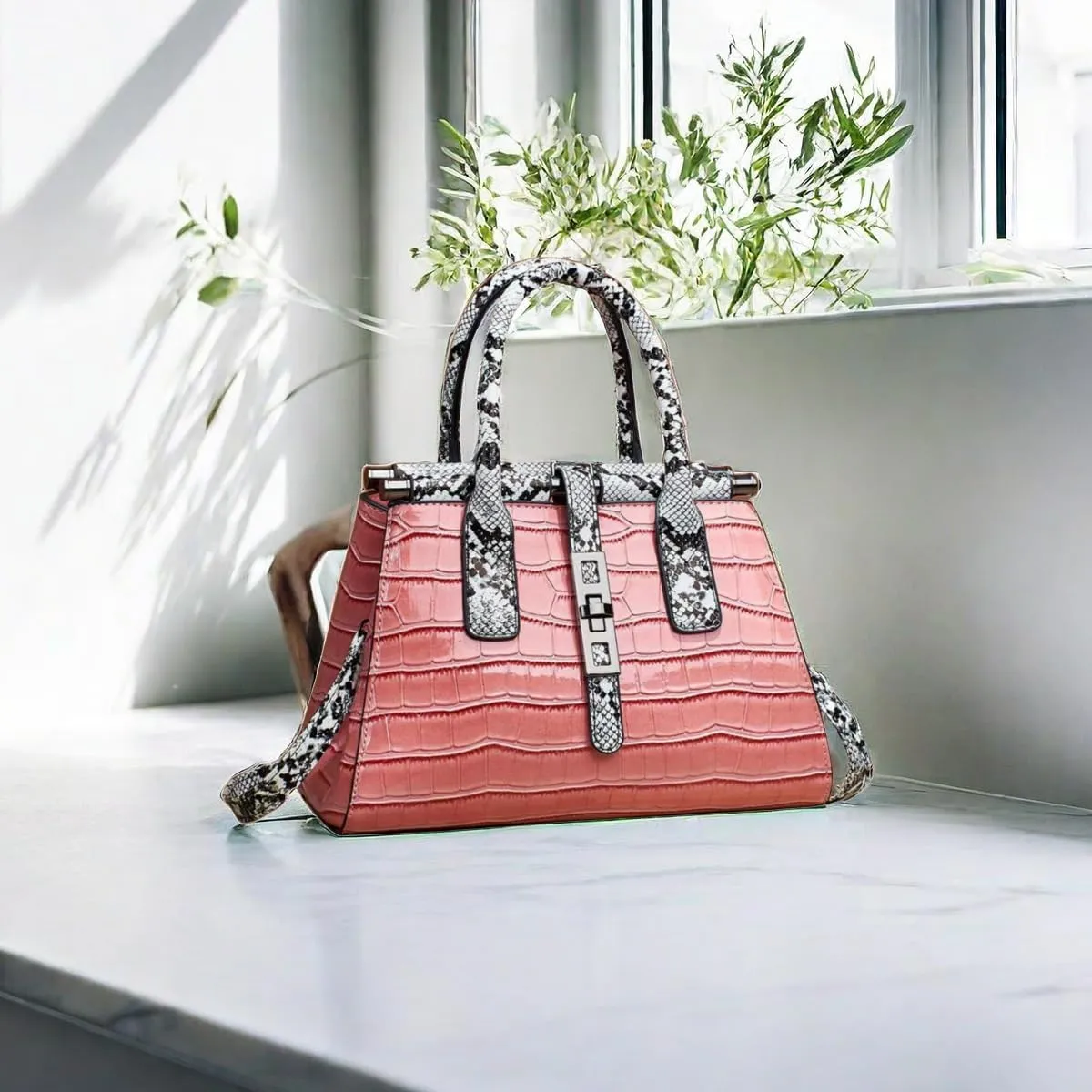 Women Patent Faux Leather Satchel Handbag Crocodile Tote Purse Snakeskin Handle Shoulder Bag,Gift for Wife/Mom,Black