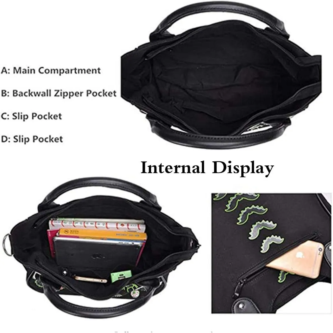 Women Punk Rivet Handbag Purse Canvas Tote Shoulder Crossbody Bag Large Capacity Satchel Black