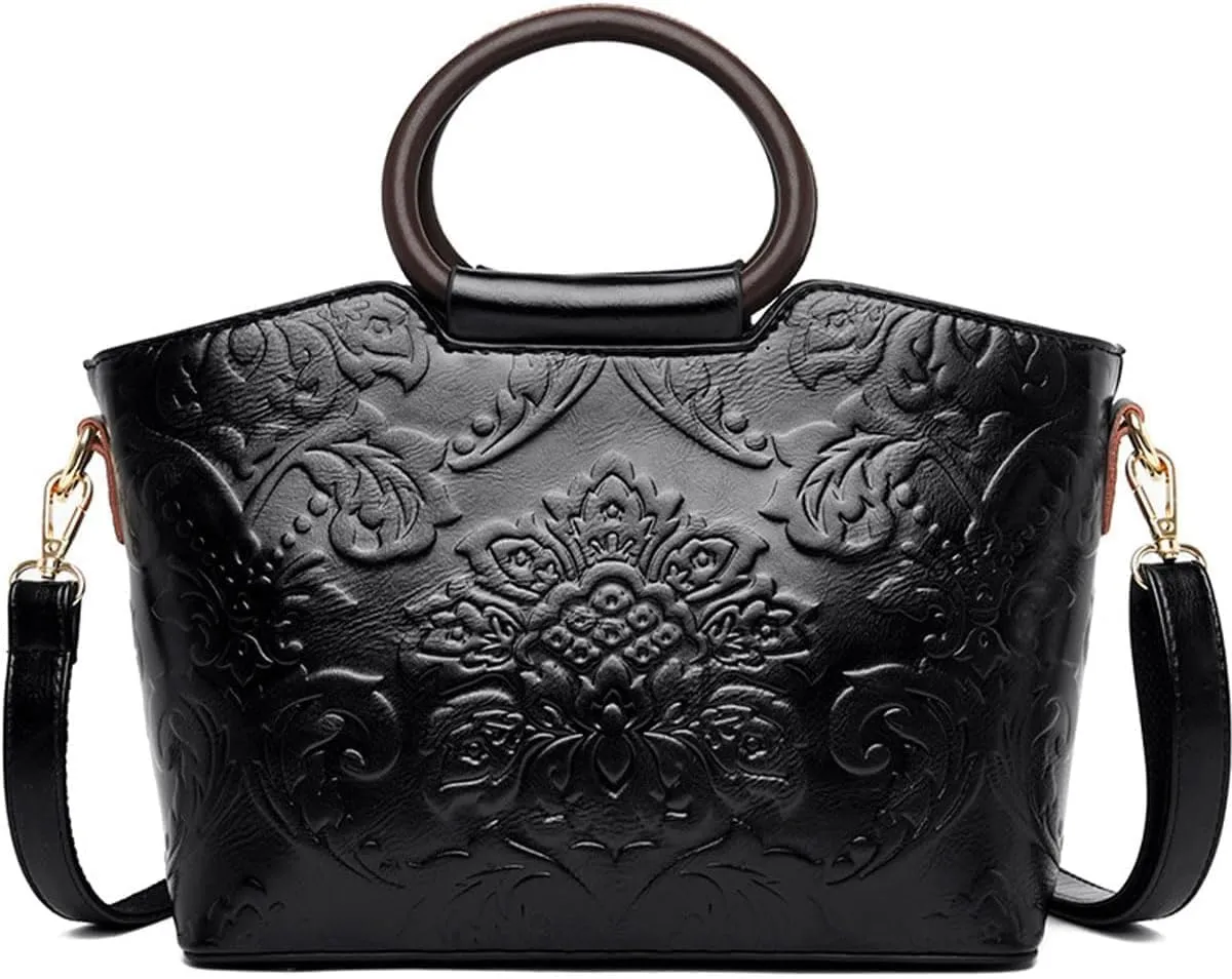 Women Purse and Handbag Floral Print Embossed Top Handle Satchel PU Leather Shoulder Bag Vintage Work Crossbody Tote, Black
