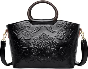Women Purse and Handbag Floral Print Embossed Top Handle Satchel PU Leather Shoulder Bag Vintage Work Crossbody Tote, Black