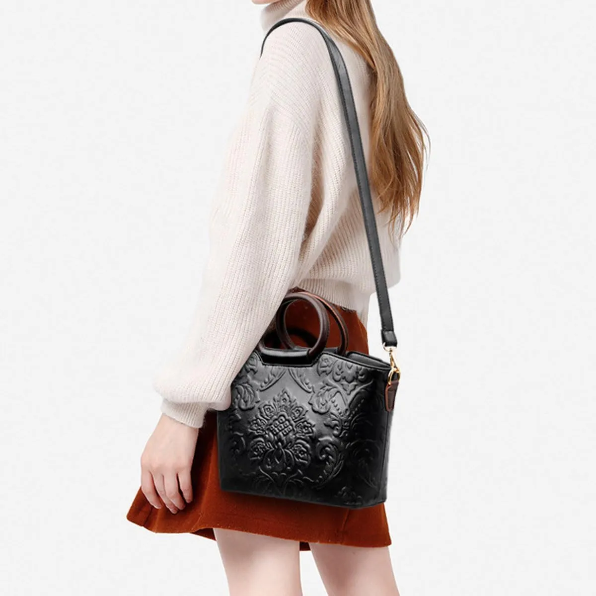 Women Purse and Handbag Floral Print Embossed Top Handle Satchel PU Leather Shoulder Bag Vintage Work Crossbody Tote, Black