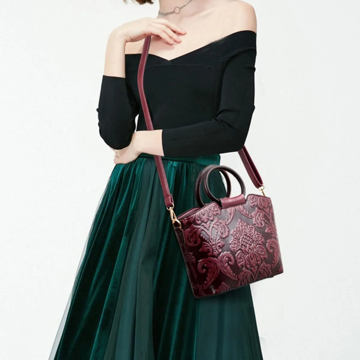 Women Purse and Handbag Floral Print Embossed Top Handle Satchel PU Leather Shoulder Bag Vintage Work Crossbody Tote