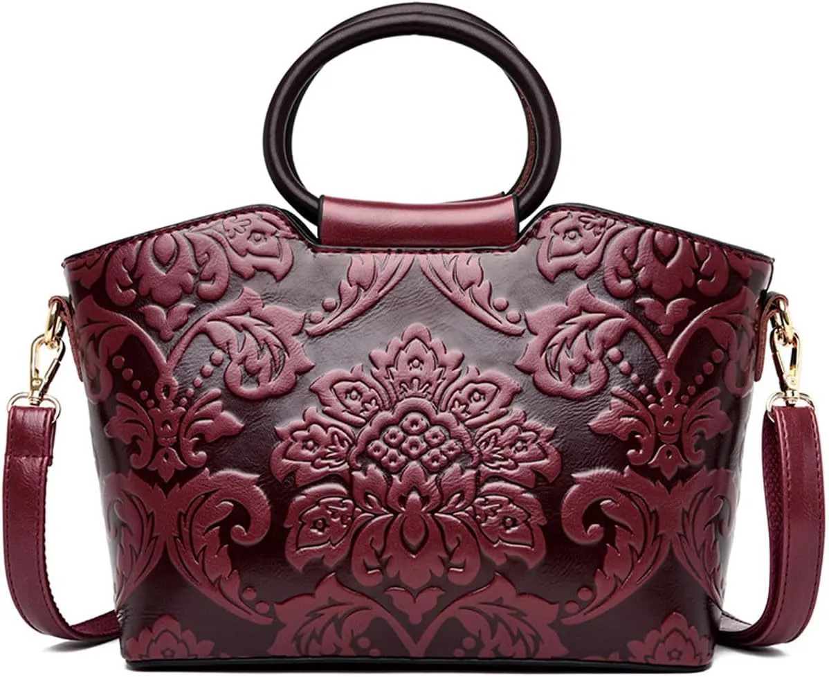 Women Purse and Handbag Floral Print Embossed Top Handle Satchel PU Leather Shoulder Bag Vintage Work Crossbody Tote
