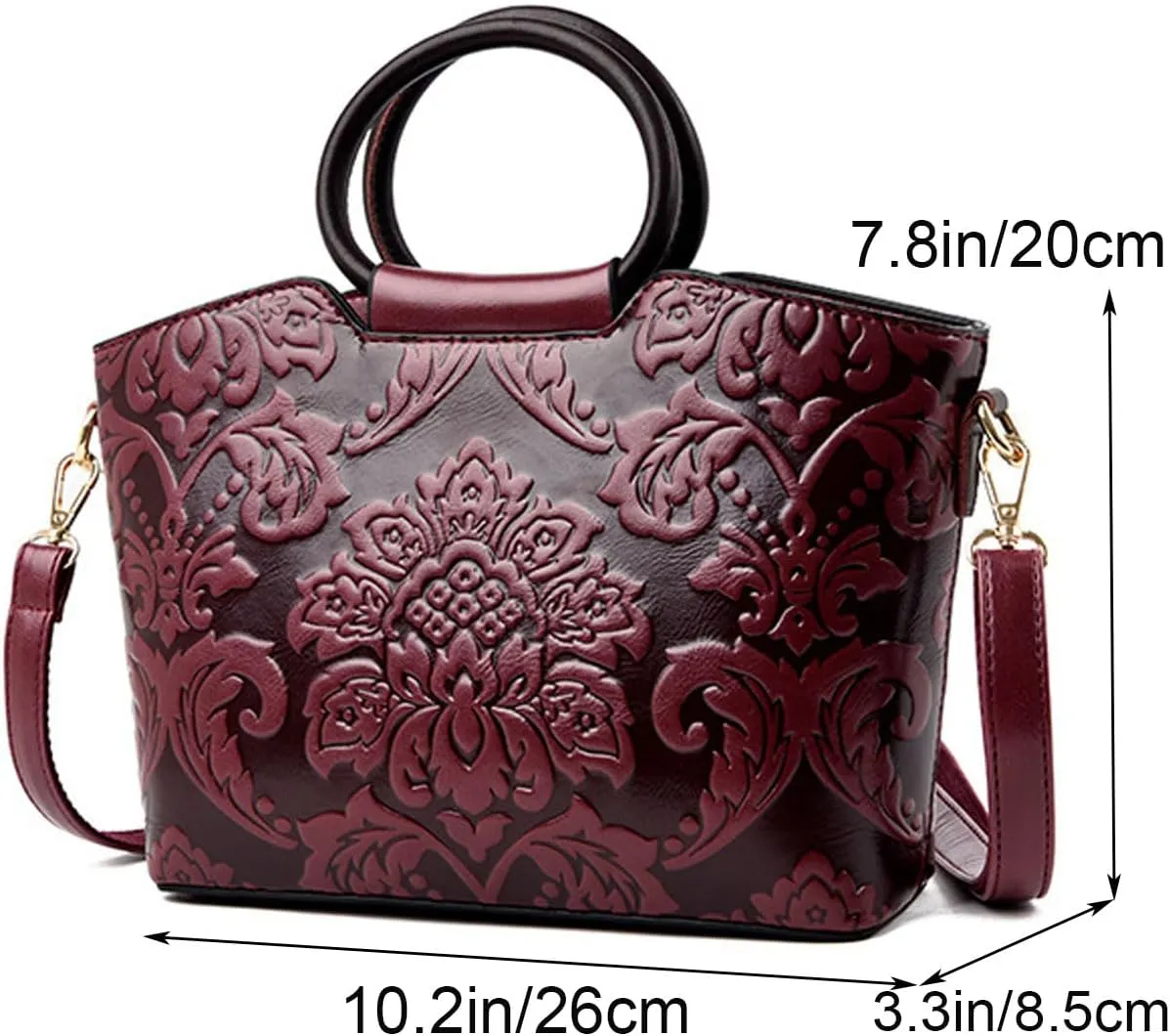 Women Purse and Handbag Floral Print Embossed Top Handle Satchel PU Leather Shoulder Bag Vintage Work Crossbody Tote