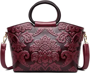 Women Purse and Handbag Floral Print Embossed Top Handle Satchel PU Leather Shoulder Bag Vintage Work Crossbody Tote