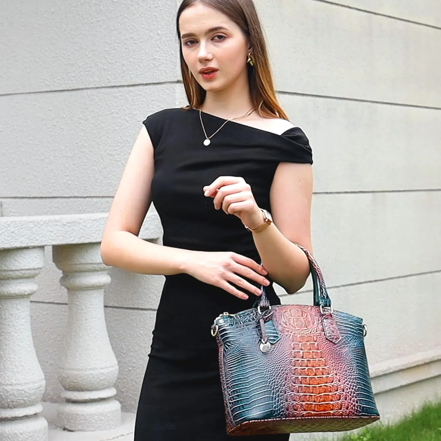 Women Purse Satchel Bag Long Crossbody Classy Tote Bag Top Handle Vegan Leather Ladies Handbags Embossed Pattern