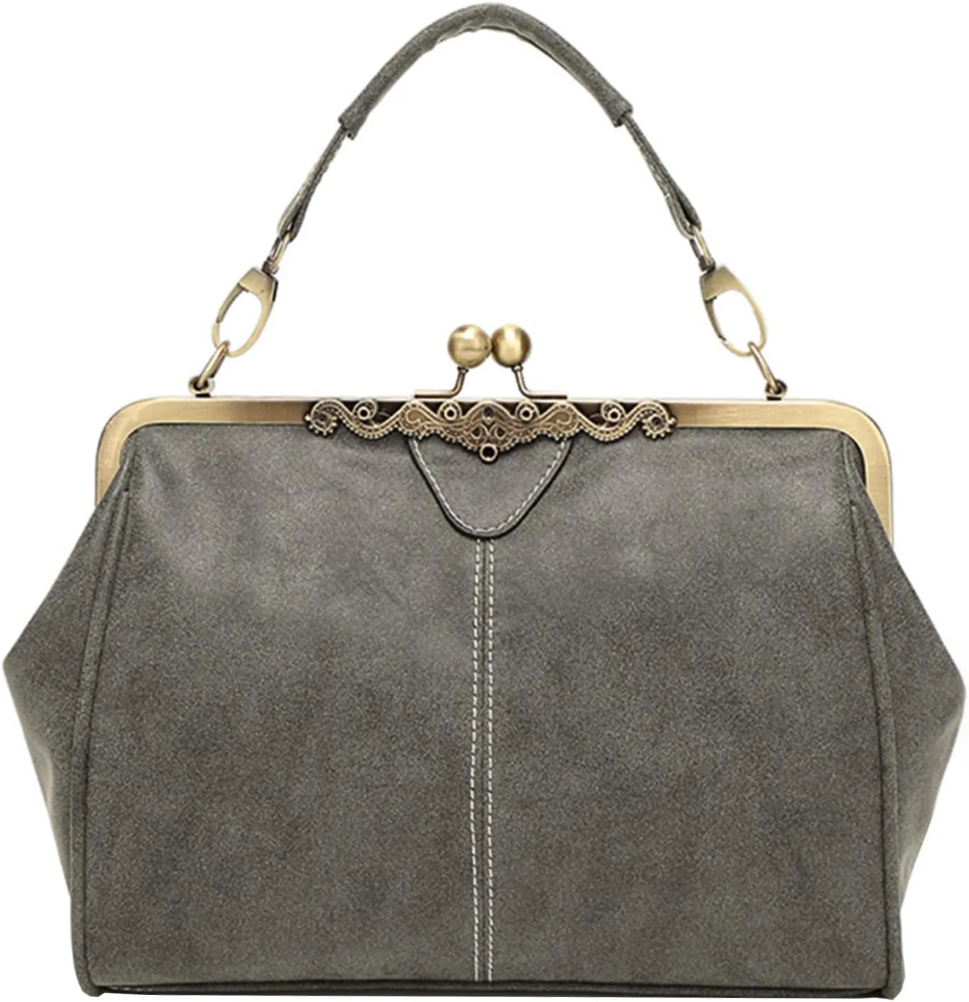 Women Retro Kiss Lock Handbag Purse PU Leather Tote Satchel Shoulder Crossbody Bag, Gray