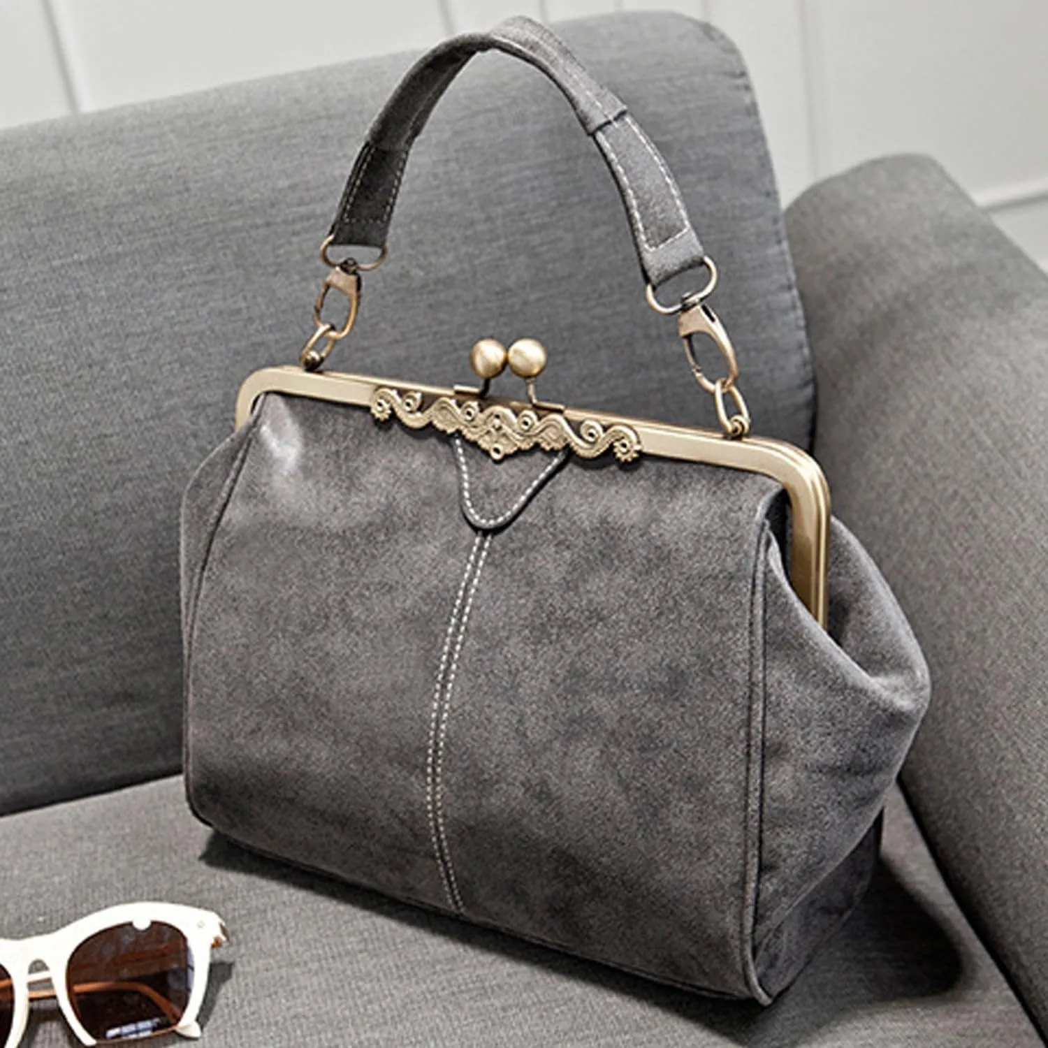 Women Retro Kiss Lock Handbag Purse PU Leather Tote Satchel Shoulder Crossbody Bag, Gray
