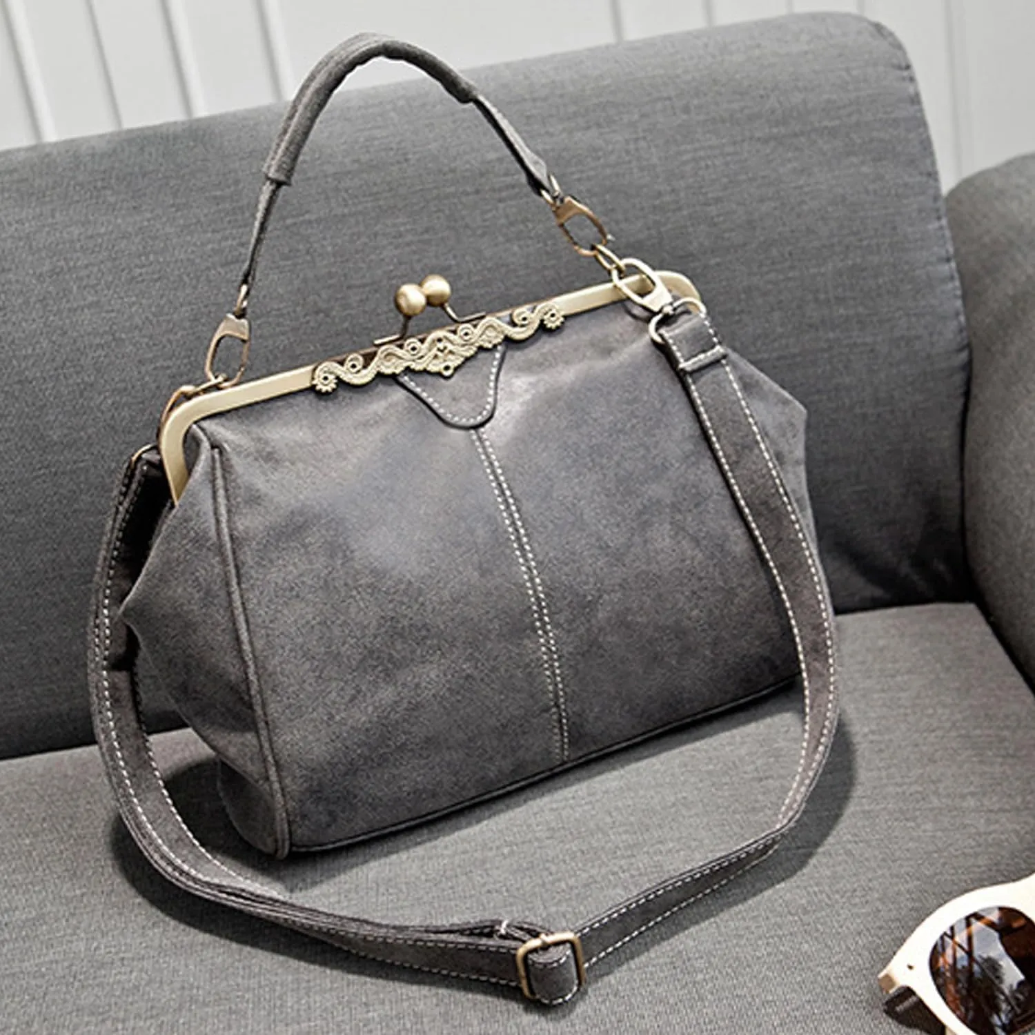 Women Retro Kiss Lock Handbag Purse PU Leather Tote Satchel Shoulder Crossbody Bag, Gray