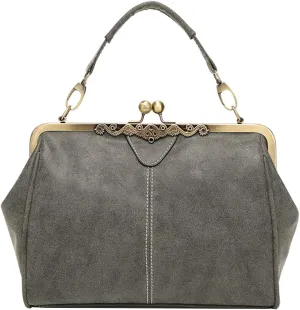 Women Retro Kiss Lock Handbag Purse PU Leather Tote Satchel Shoulder Crossbody Bag, Gray