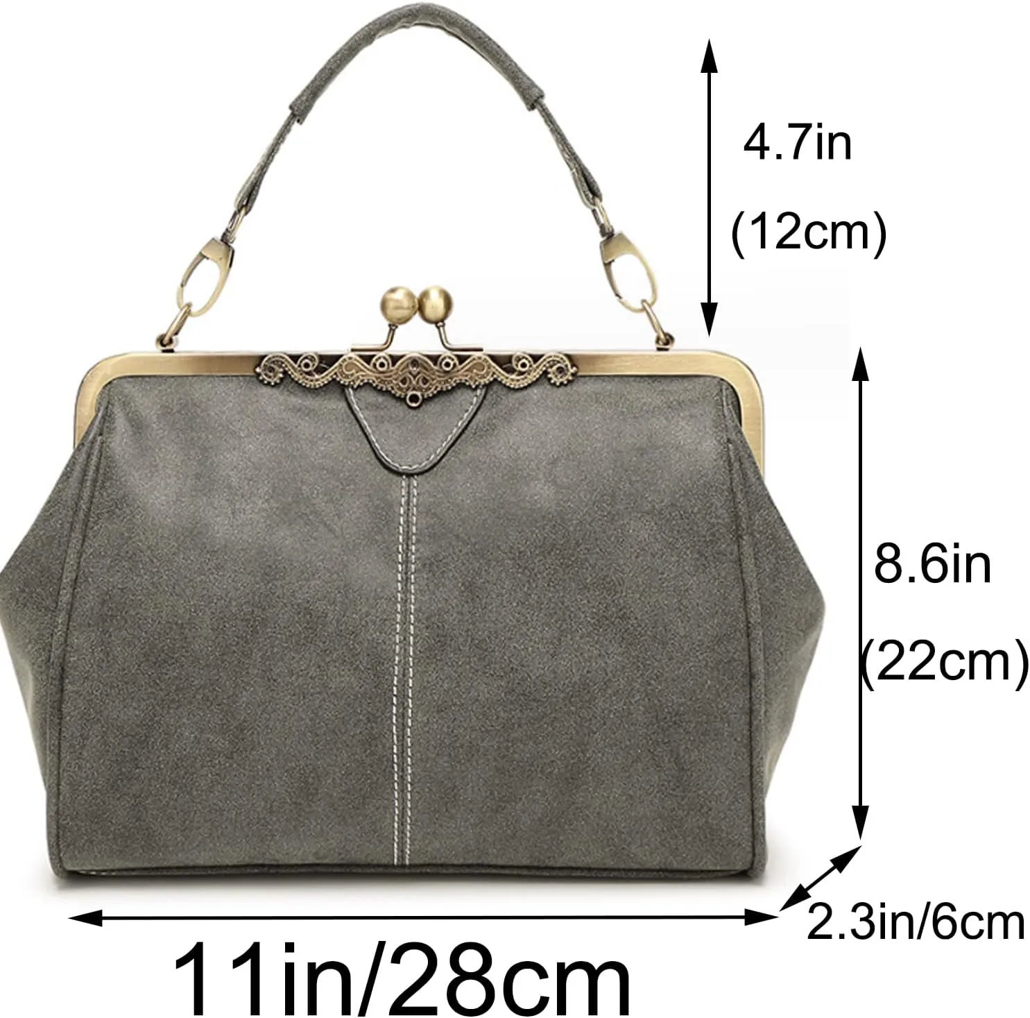 Women Retro Kiss Lock Handbag Purse PU Leather Tote Satchel Shoulder Crossbody Bag, Gray