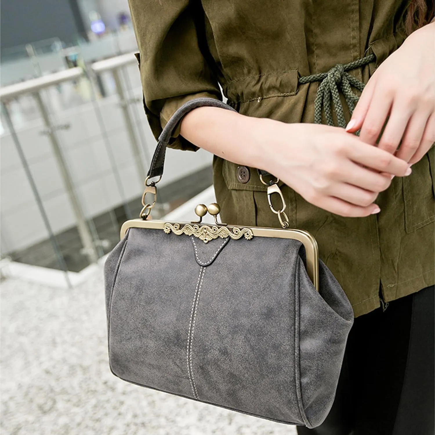 Women Retro Kiss Lock Handbag Purse PU Leather Tote Satchel Shoulder Crossbody Bag, Gray