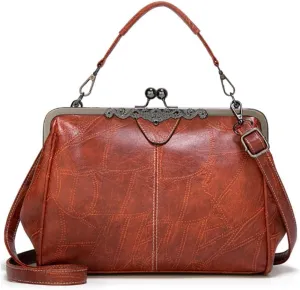 Women Retro Purse Kiss-lock Top-handle Satchel PU Leather Shoulder Handbag Tote