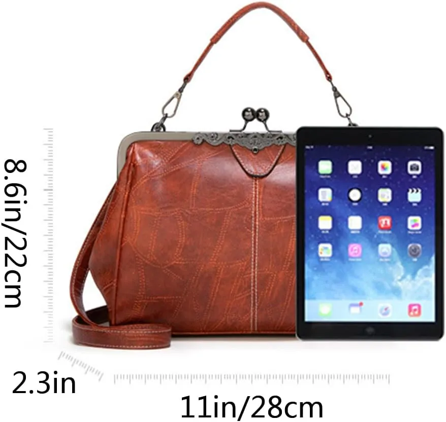 Women Retro Purse Kiss-lock Top-handle Satchel PU Leather Shoulder Handbag Tote