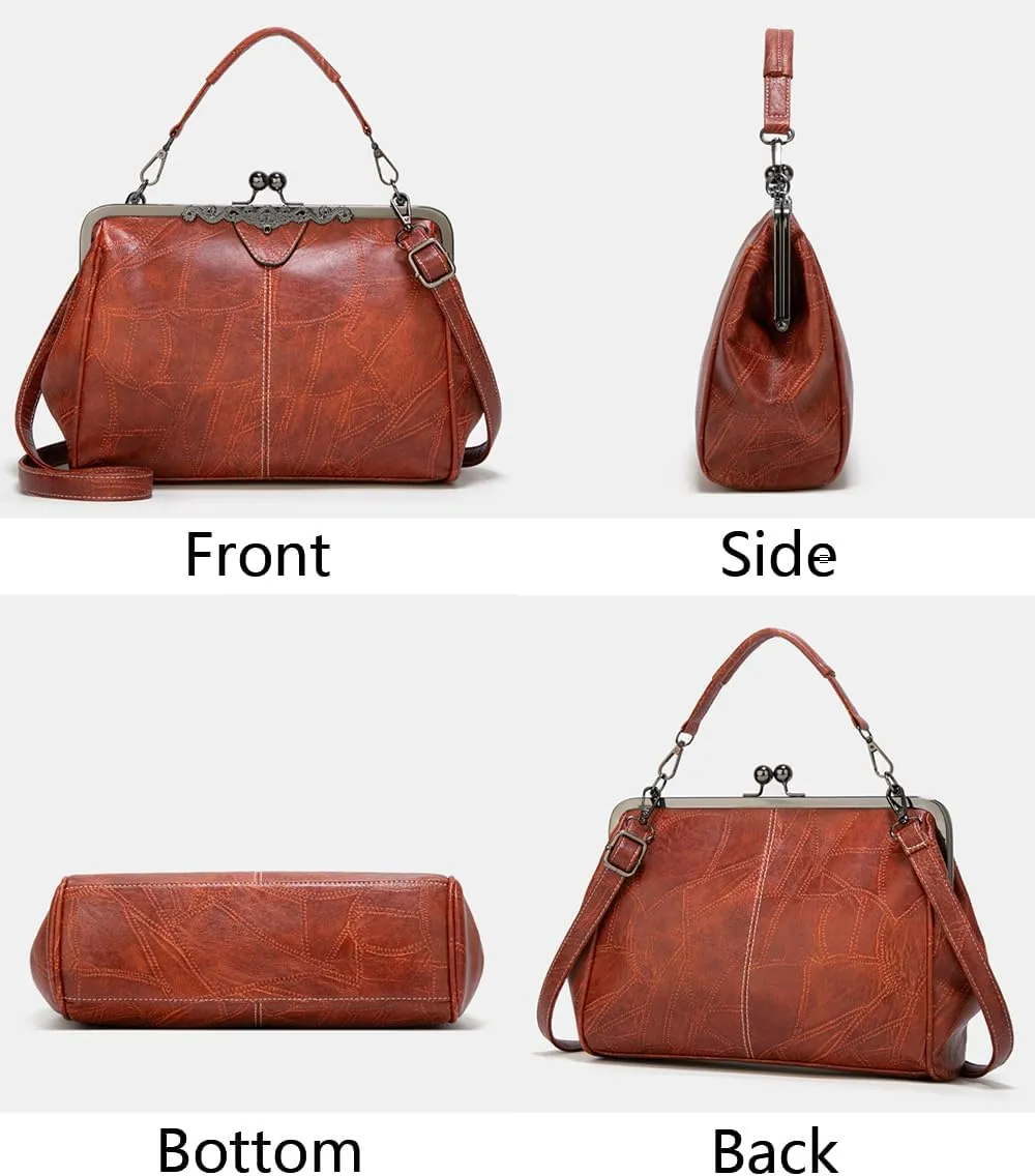 Women Retro Purse Kiss-lock Top-handle Satchel PU Leather Shoulder Handbag Tote