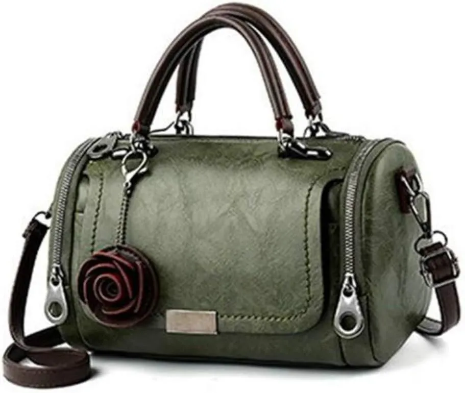 Women Satchel Bags Faux Leather Top Handle Handbags Boston Crossbody Bags Flower Pendant Zipper Purse Shoulder Bag