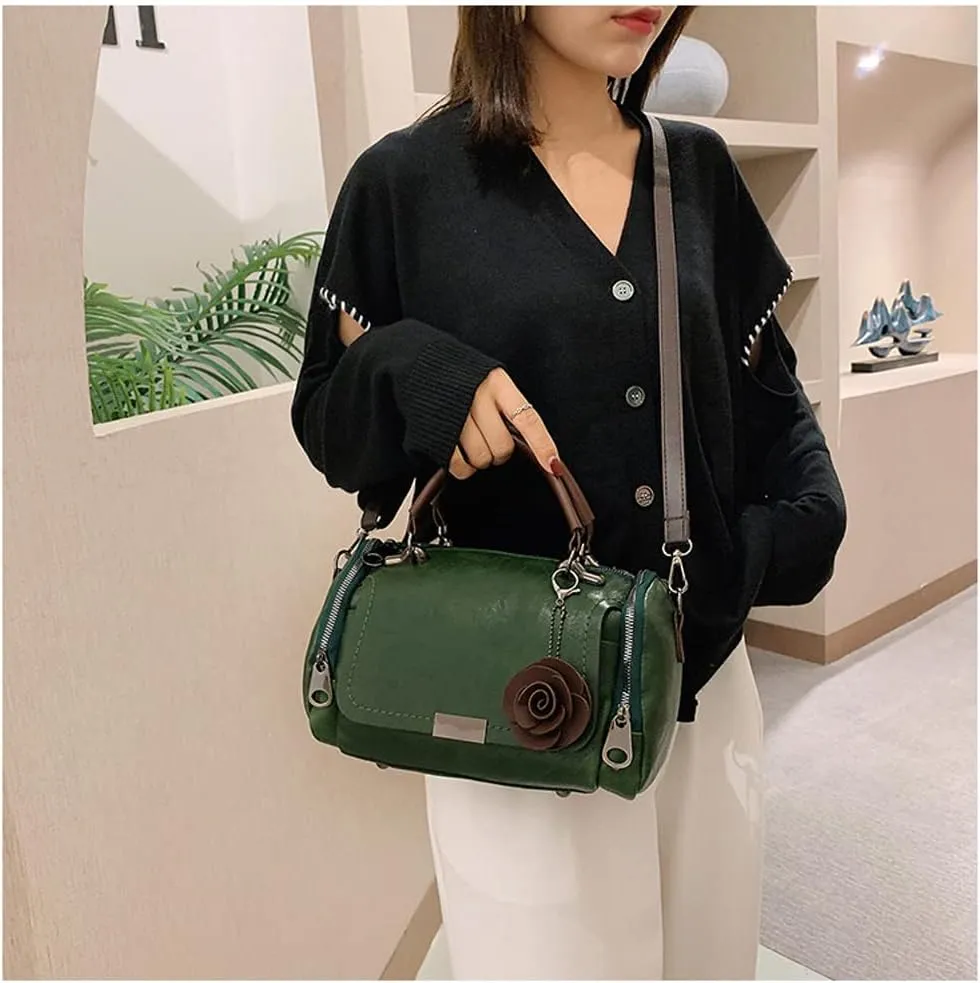 Women Satchel Bags Faux Leather Top Handle Handbags Boston Crossbody Bags Flower Pendant Zipper Purse Shoulder Bag