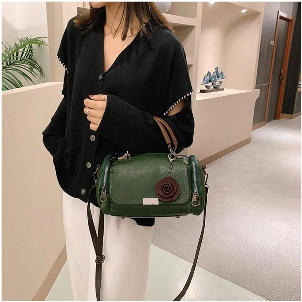 Women Satchel Bags Faux Leather Top Handle Handbags Boston Crossbody Bags Flower Pendant Zipper Purse Shoulder Bag