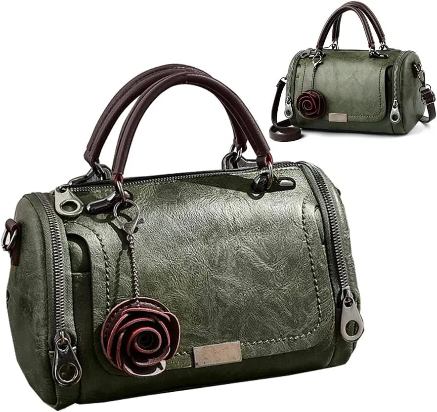 Women Satchel Bags Faux Leather Top Handle Handbags Boston Crossbody Bags Flower Pendant Zipper Purse Shoulder Bag