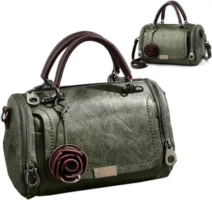 Women Satchel Bags Faux Leather Top Handle Handbags Boston Crossbody Bags Flower Pendant Zipper Purse Shoulder Bag