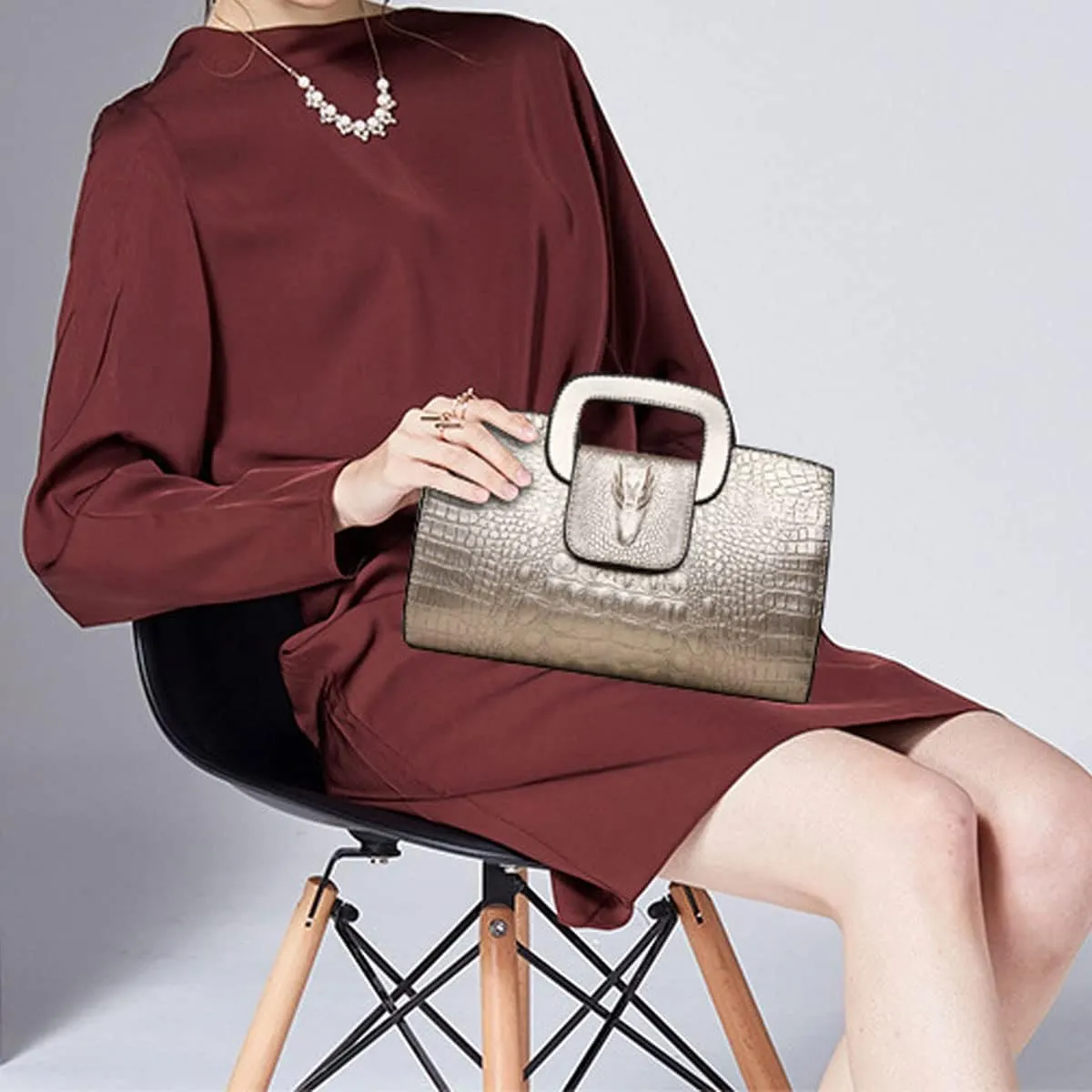 Women Satchel Handbag Crocodile Pattern Shoulder Bag Embossed Fuax Leather Purse Long Tote Top-Handle Bag
