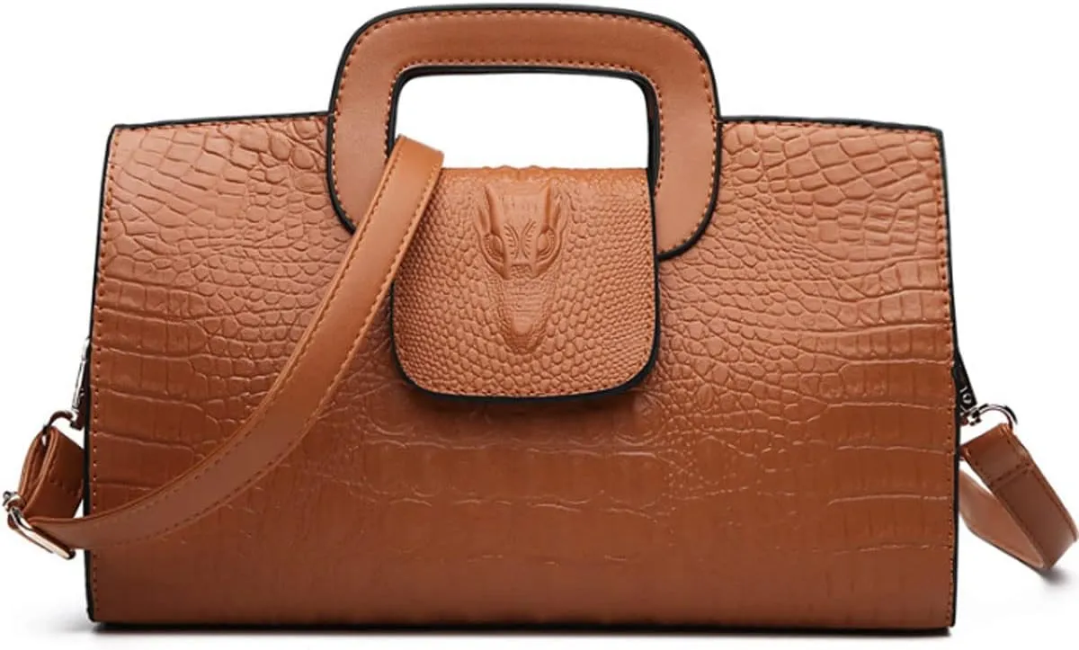 Women Satchel Handbag Crocodile Pattern Shoulder Bag Embossed Fuax Leather Purse Long Tote Top-Handle Bag