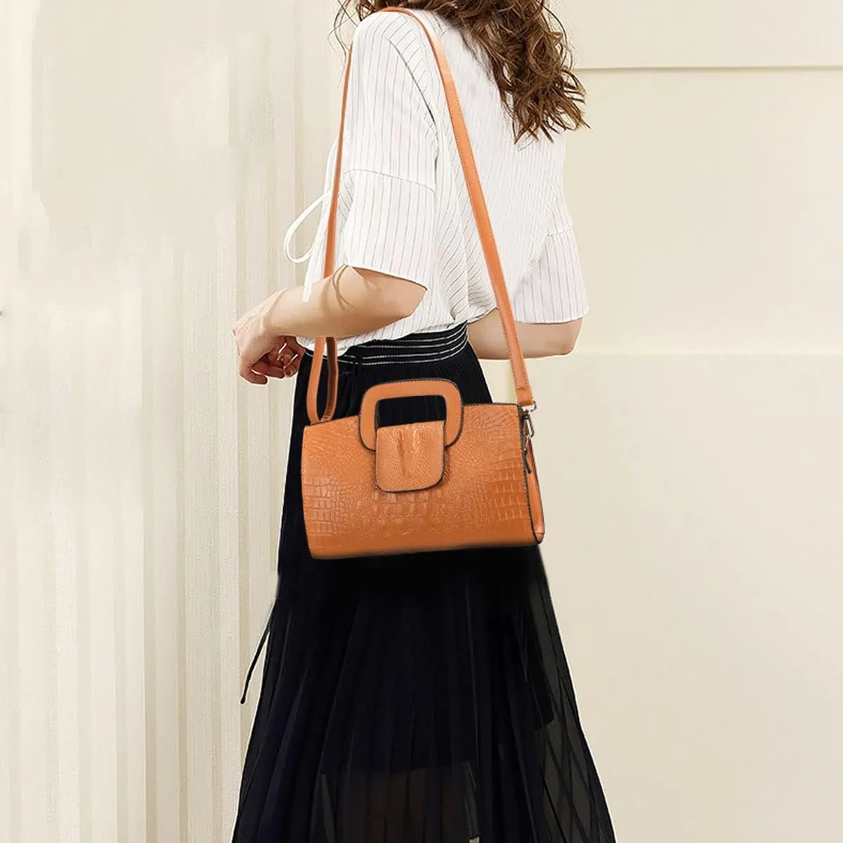 Women Satchel Handbag Crocodile Pattern Shoulder Bag Embossed Fuax Leather Purse Long Tote Top-Handle Bag