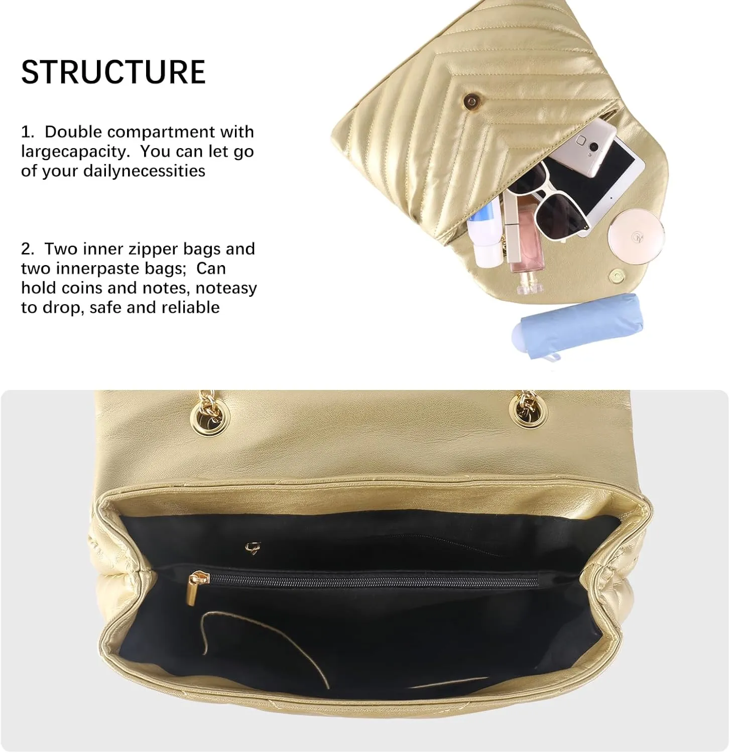 Women Shoulder Bag, Fashionable Quilted Vegan leather Crossbody Purses with Adjustable Chain Designer Purses