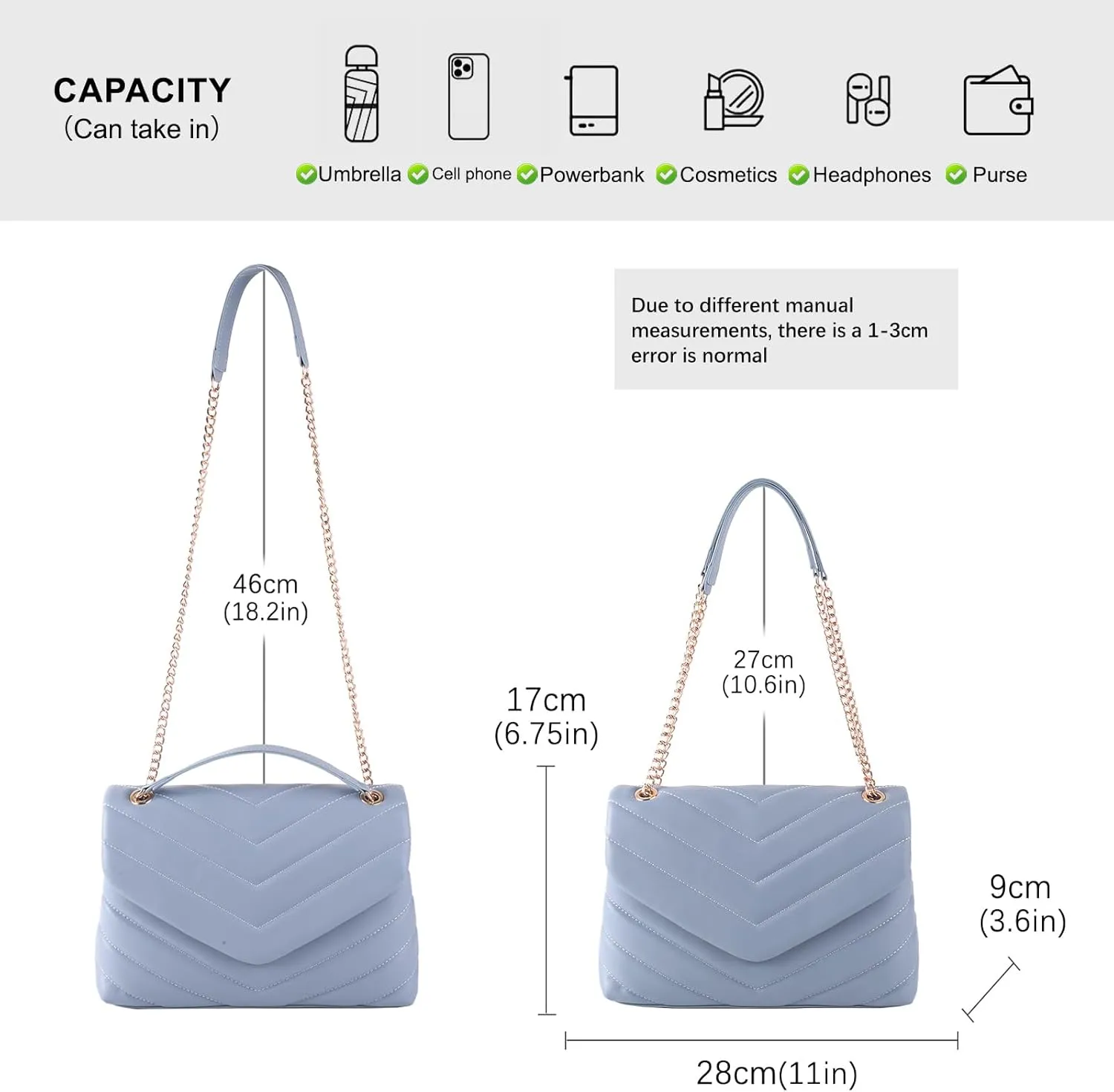 Women Shoulder Bag, Fashionable Quilted Vegan leather Crossbody Purses with Adjustable Chain Designer Purses