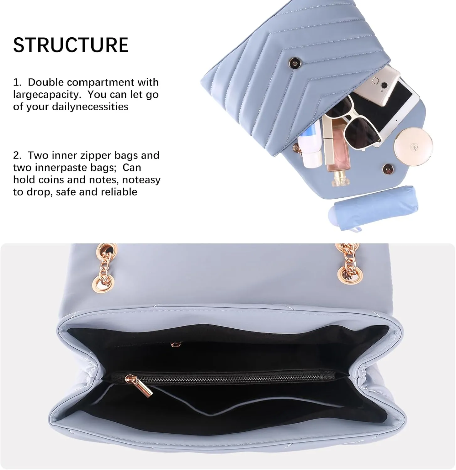 Women Shoulder Bag, Fashionable Quilted Vegan leather Crossbody Purses with Adjustable Chain Designer Purses