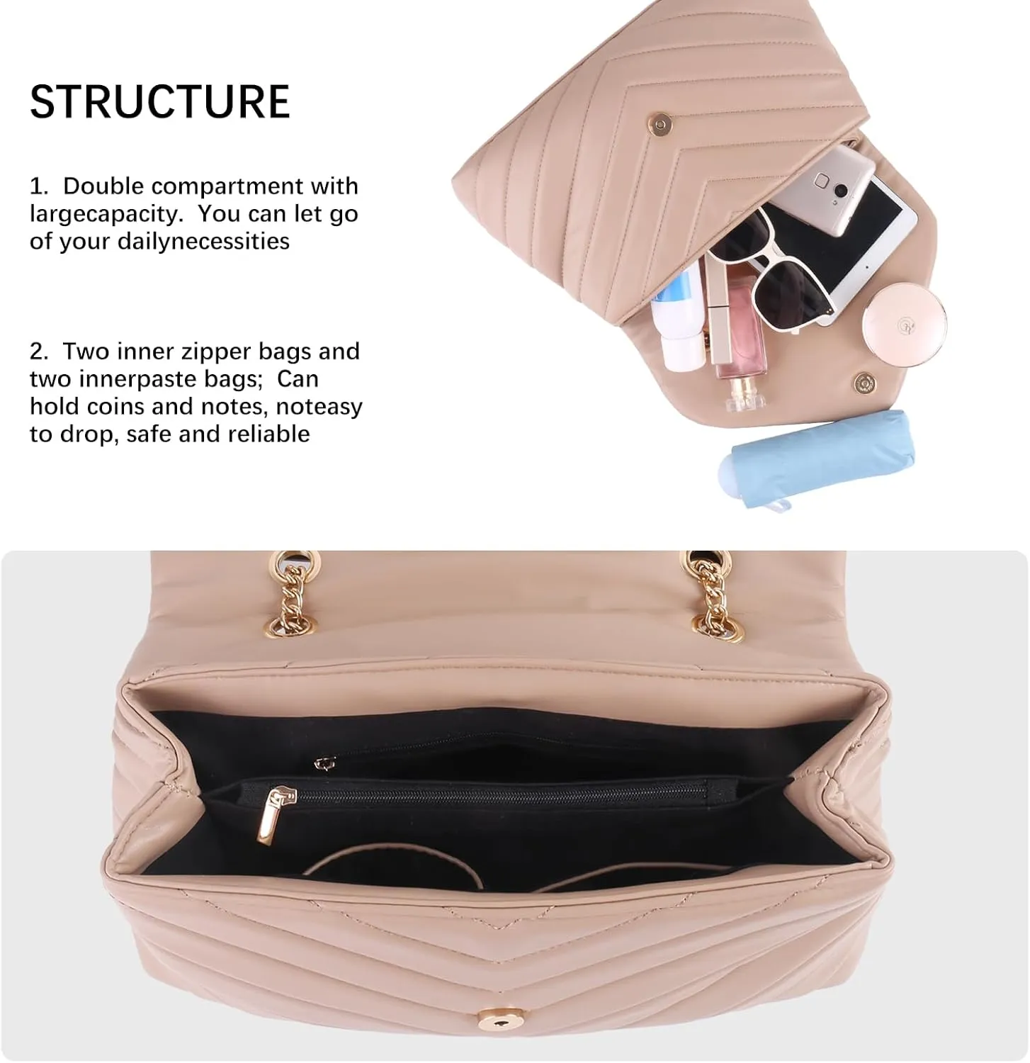 Women Shoulder Bag, Fashionable Quilted Vegan leather Crossbody Purses with Adjustable Chain Designer Purses
