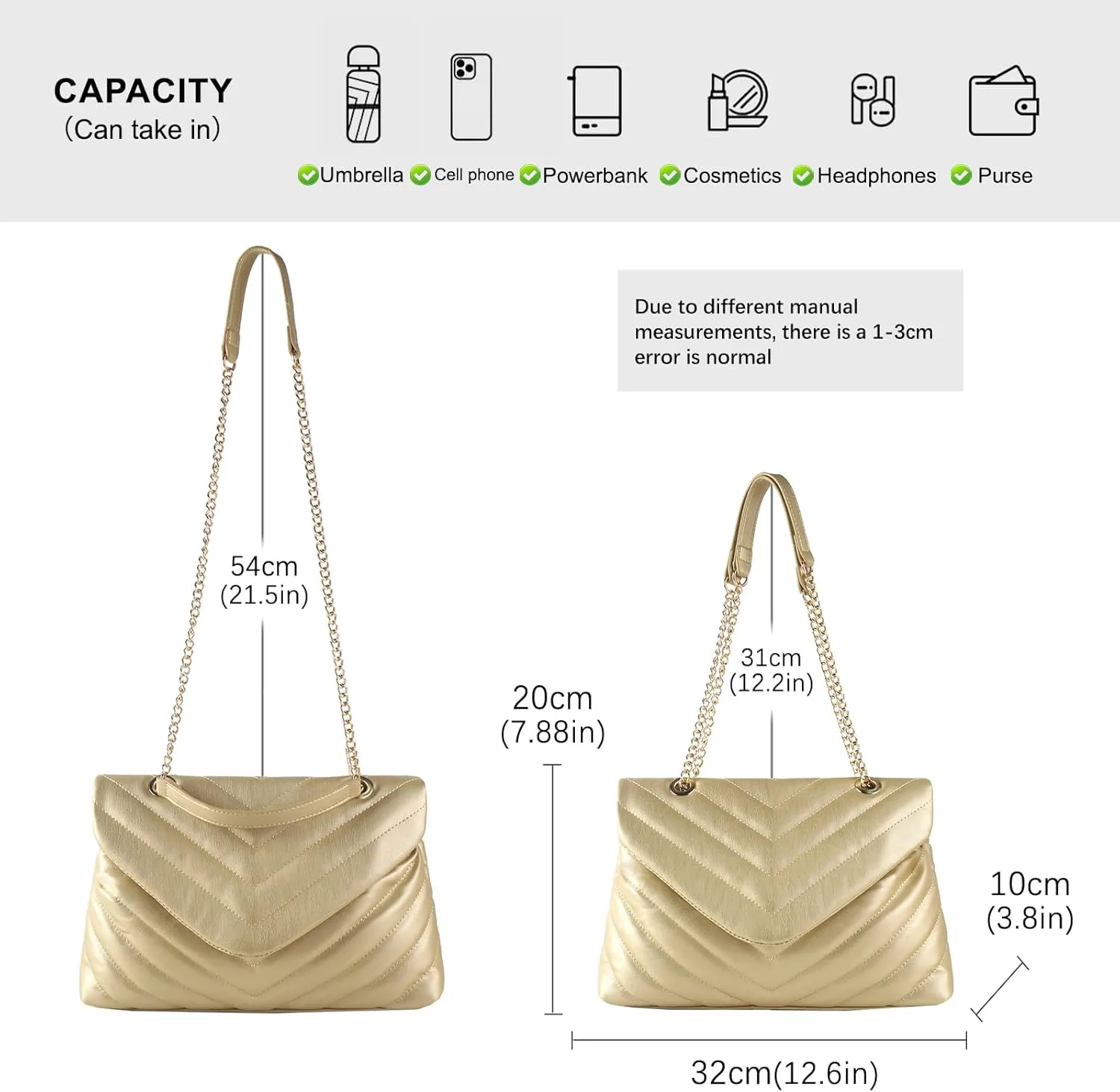 Women Shoulder Bag, Fashionable Quilted Vegan leather Crossbody Purses with Adjustable Chain Designer Purses