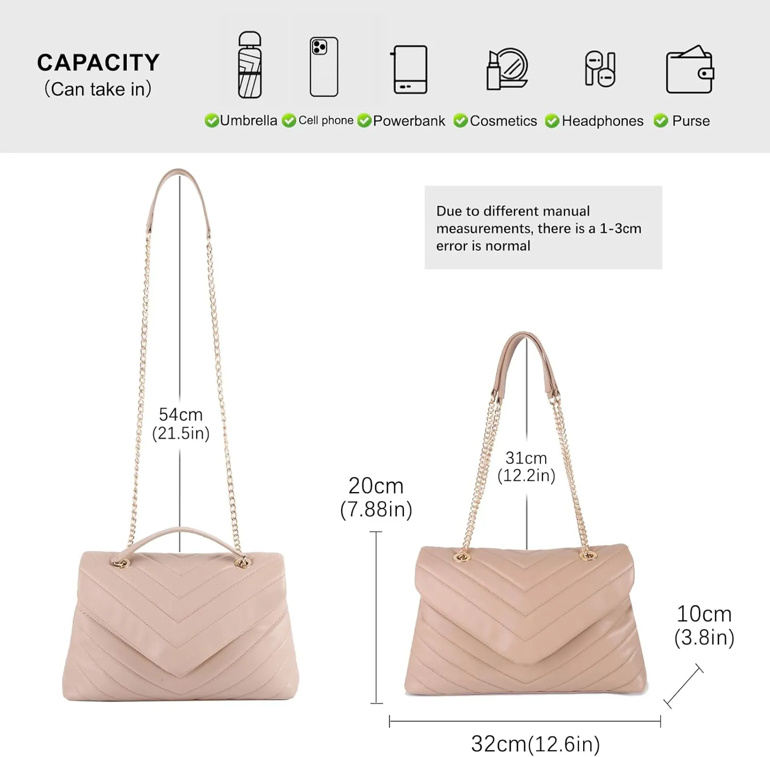 Women Shoulder Bag, Fashionable Quilted Vegan leather Crossbody Purses with Adjustable Chain Designer Purses