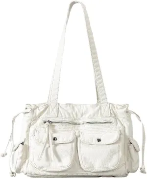 Women Shoulder Bag PU Leather Drawstring Motorcycle Bags Large Capacity Multiple Pockets Tote Handbag