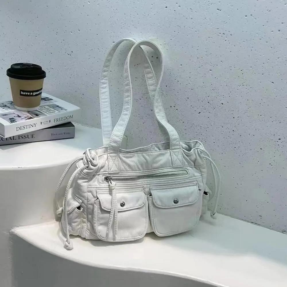 Women Shoulder Bag PU Leather Drawstring Motorcycle Bags Large Capacity Multiple Pockets Tote Handbag