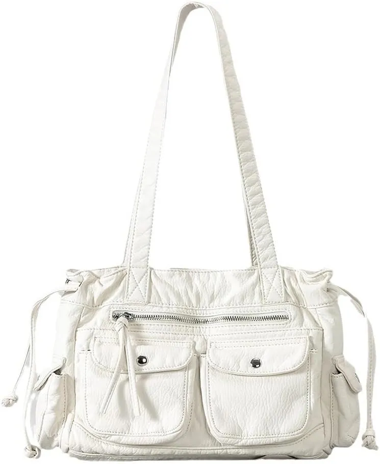 Women Shoulder Bag PU Leather Drawstring Motorcycle Bags Large Capacity Multiple Pockets Tote Handbag