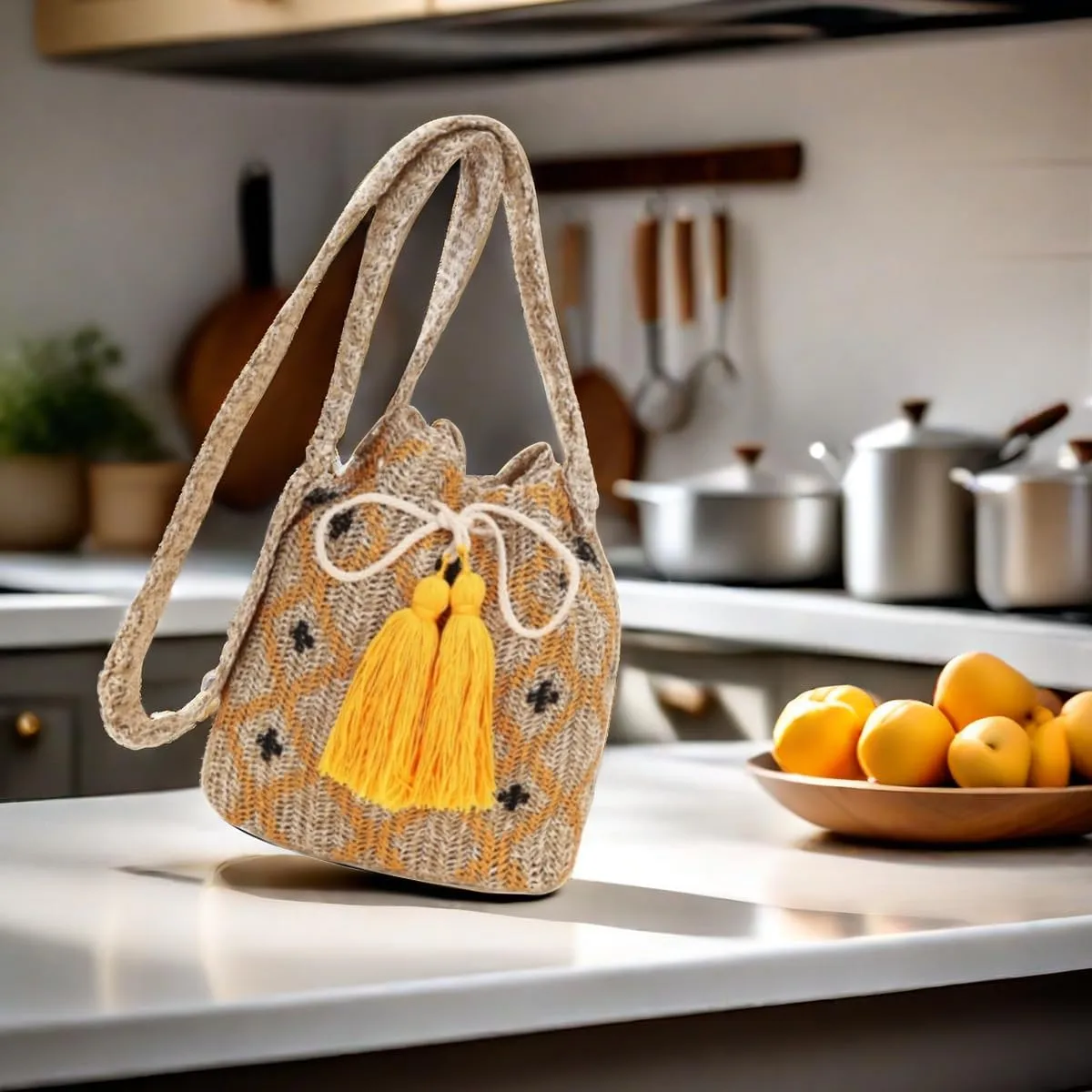 Women Straw Drawstring Bucket Purse Small Tote Shoulder Handbag Hollow Out Cross-body Bag for Summer,Beach