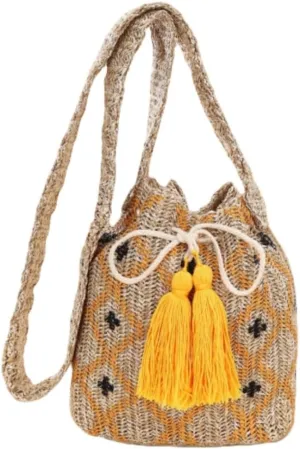 Women Straw Drawstring Bucket Purse Small Tote Shoulder Handbag Hollow Out Cross-body Bag for Summer,Beach