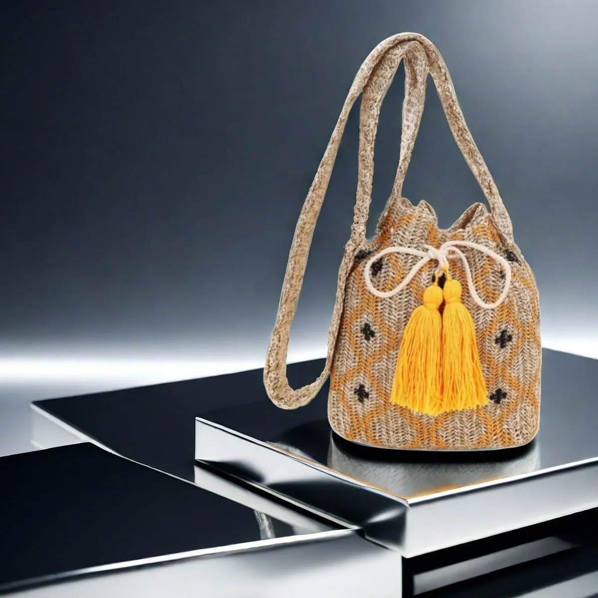 Women Straw Drawstring Bucket Purse Small Tote Shoulder Handbag Hollow Out Cross-body Bag for Summer,Beach