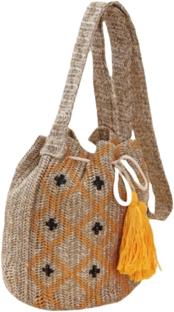 Women Straw Drawstring Bucket Purse Small Tote Shoulder Handbag Hollow Out Cross-body Bag for Summer,Beach