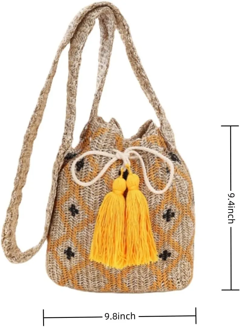 Women Straw Drawstring Bucket Purse Small Tote Shoulder Handbag Hollow Out Cross-body Bag for Summer,Beach